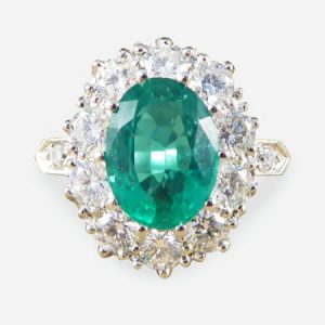 Emerald and Diamond Oval Cluster Ring, 3.45 carat total, in Platinum