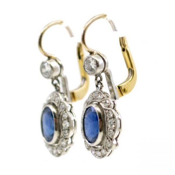 Art Deco Style Sapphire and Diamond Oval Shape Cluster Drop Earrings