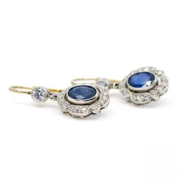 Art Deco Style Sapphire and Diamond Oval Shape Cluster Drop Earrings