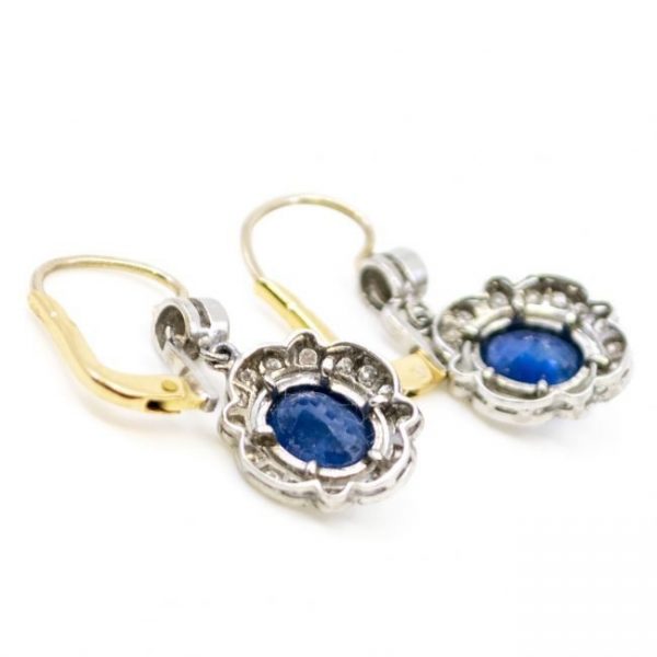 Art Deco Style Sapphire and Diamond Oval Shape Cluster Drop Earrings