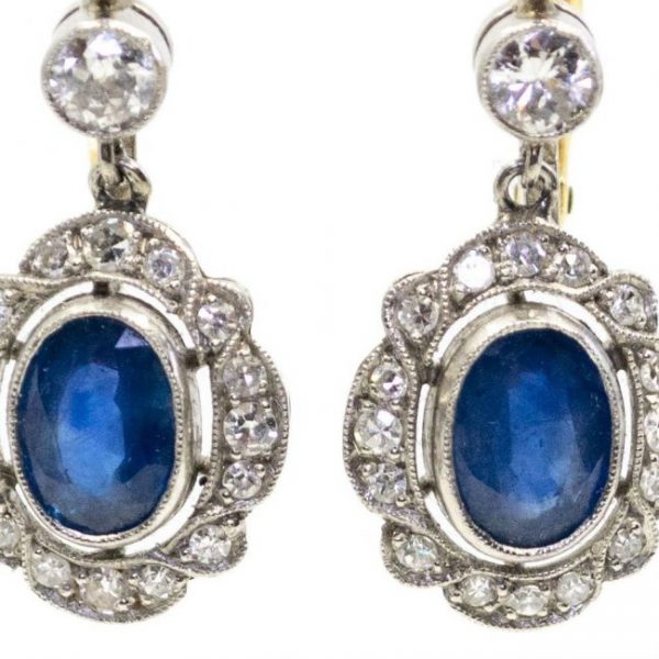 Art Deco Style Sapphire and Diamond Oval Shape Cluster Drop Earrings