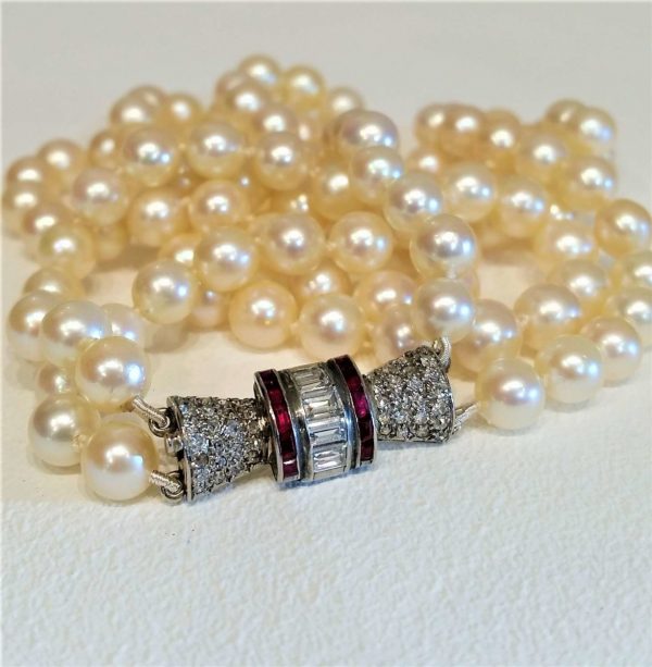Vintage Akoya Pearl Necklace with Diamond and Ruby Clasp