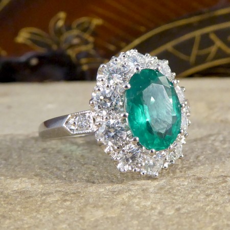 Emerald and Diamond Oval Cluster Ring, 3.45 carat total, in Platinum