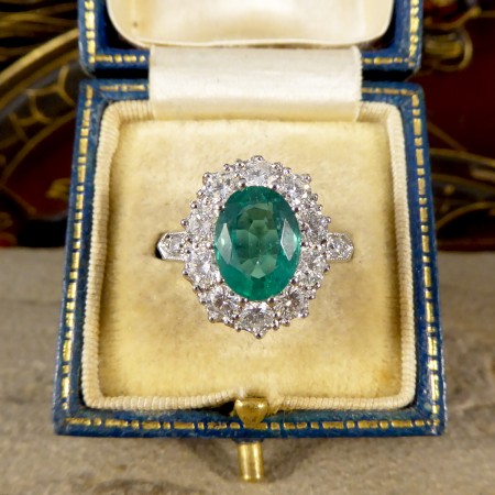 Emerald and Diamond Oval Cluster Ring, 3.45 carat total, in Platinum
