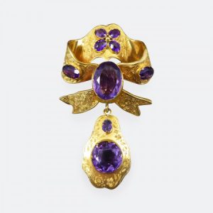 Antique Victorian Amethyst and 15ct Yellow Gold Bow Brooch with Drop