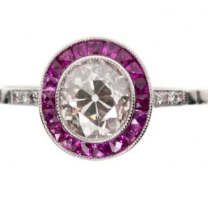 Art Deco Style Ruby and Diamond Target Ring, Platinum, Old Cut