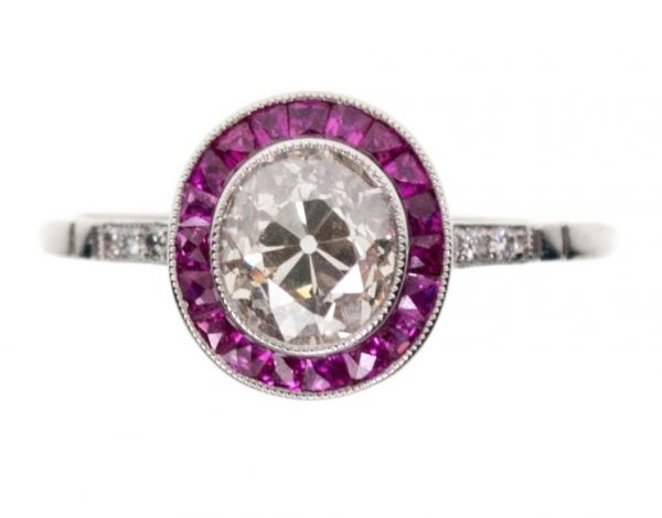 Art Deco Style Ruby and Diamond Target Ring, Platinum, Old Cut