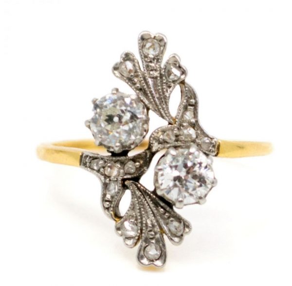 Art Nouveau Style Vintage Diamond Dress Flower Ring, Old Cut Diamonds