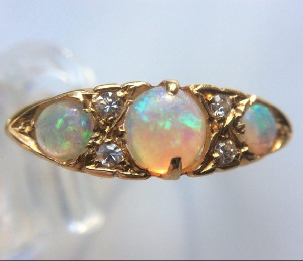 Antique Art Deco Opal and Diamond Three Stone Ring in Yellow Gold