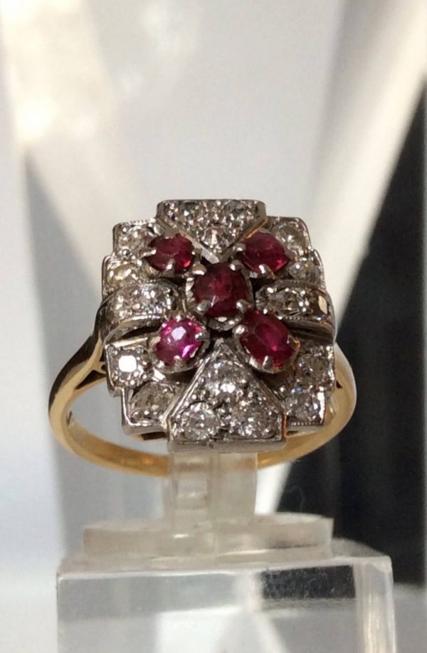 Antique Art Deco Ruby and Diamond Plaque Ring, 18ct Gold, c.1920