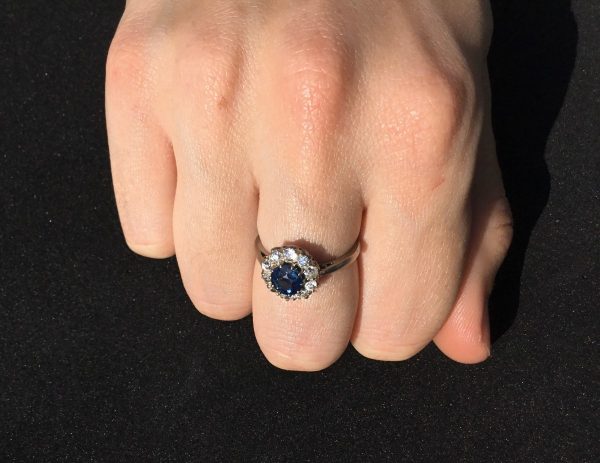 Antique Edwardian Sapphire and Diamond Cluster Engagement Ring, 18ct White Gold