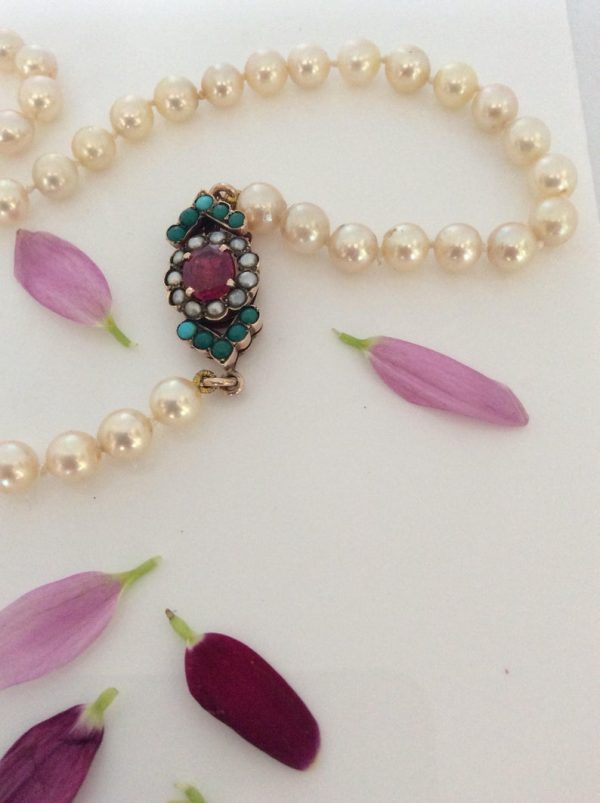Antique Art Deco Pearl Necklace with Ruby, Turquoise and Pearl Clasp