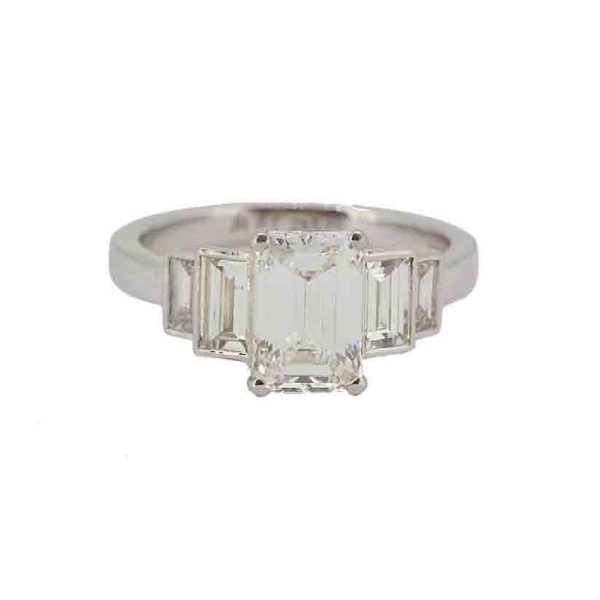 Emerald Cut Diamond Engagement Rings 1.75 carats 5 stones baguette cut shoulders platinum
