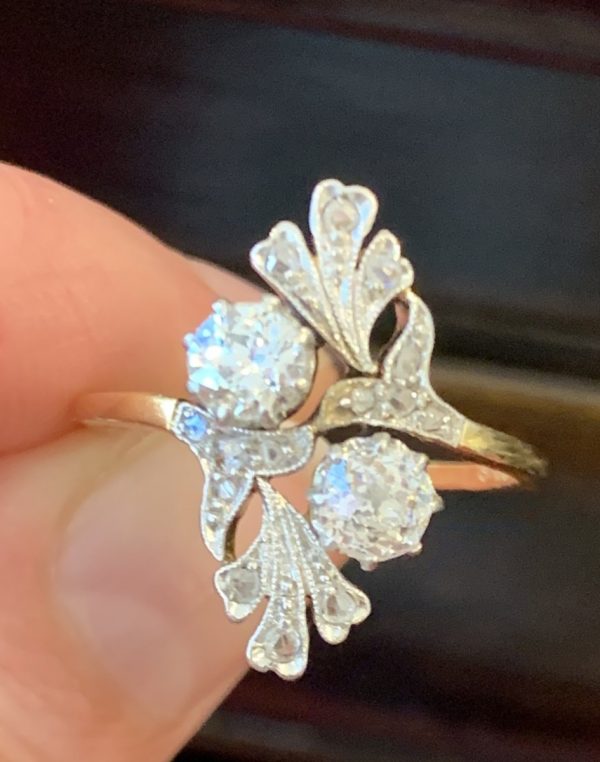 Art Nouveau Style Vintage Diamond Dress Flower Ring, Old Cut Diamonds