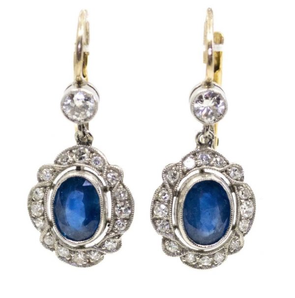 Art Deco Style Sapphire and Diamond Oval Shape Cluster Drop Earrings