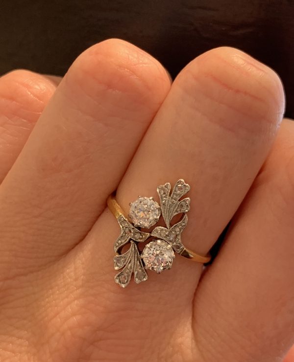 Art Nouveau Style Vintage Diamond Dress Flower Ring, Old Cut Diamonds