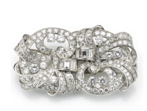 Antique Art Deco Diamond Double Clip Brooch, 12 carats