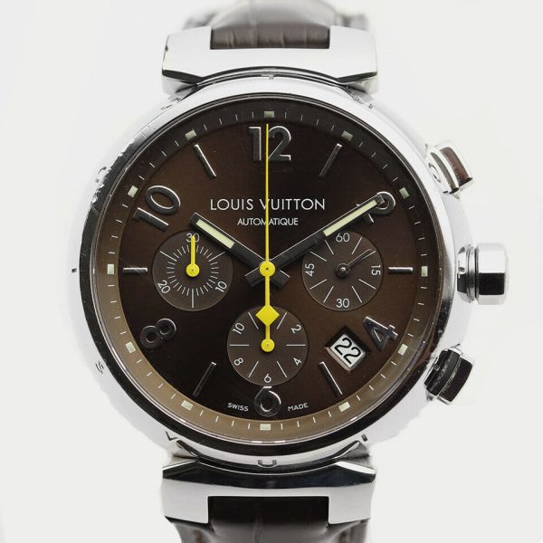 Louis Vuitton Tambour Automatic Chronograph Stainless Steel Gentleman's Wrist Watch; Ref. Q1121, 41 mm stainless steel case, Louis Vuitton alligator strap.