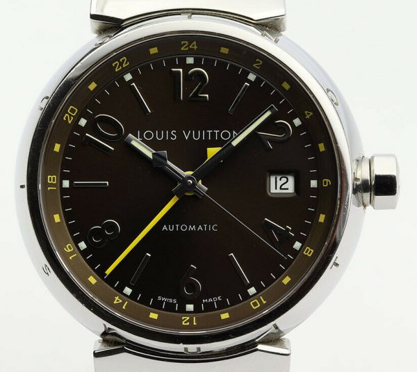 Louis Vuitton Tambour GMT Automatic Watch; Ref. Q1131, 39 mm stainless steel case, GMT function, Louis Vuitton black/very dark brown alligator strap.