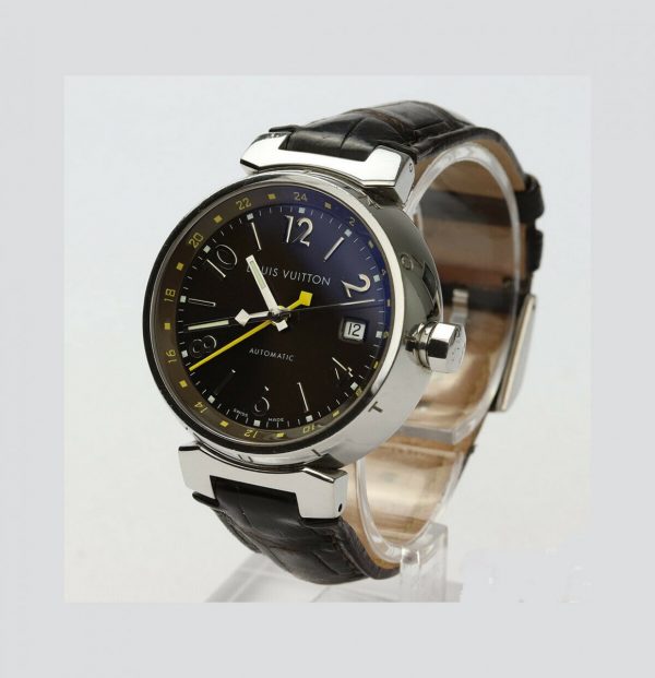Louis Vuitton Tambour GMT Automatic Watch; Ref. Q1131, 39 mm stainless steel case, GMT function, Louis Vuitton black/very dark brown alligator strap.
