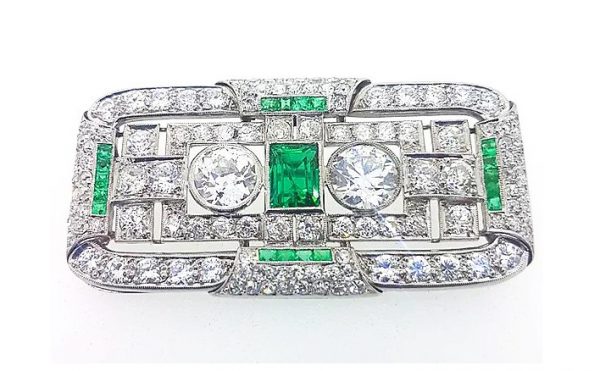 Art Deco 3.00ct Diamond, Emerald and Platinum Brooch
