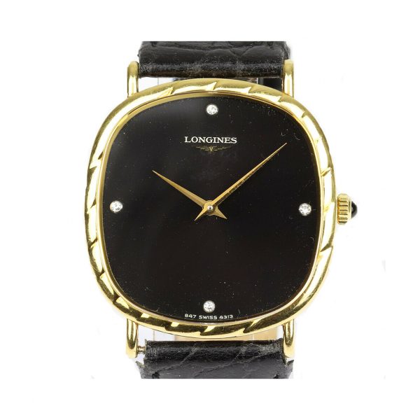 Longines Vintage 18ct Yellow Gold Manual Watch, 31mm gold case, black dial with four diamond hour markers, Longines black leather strap, Circa 1970's