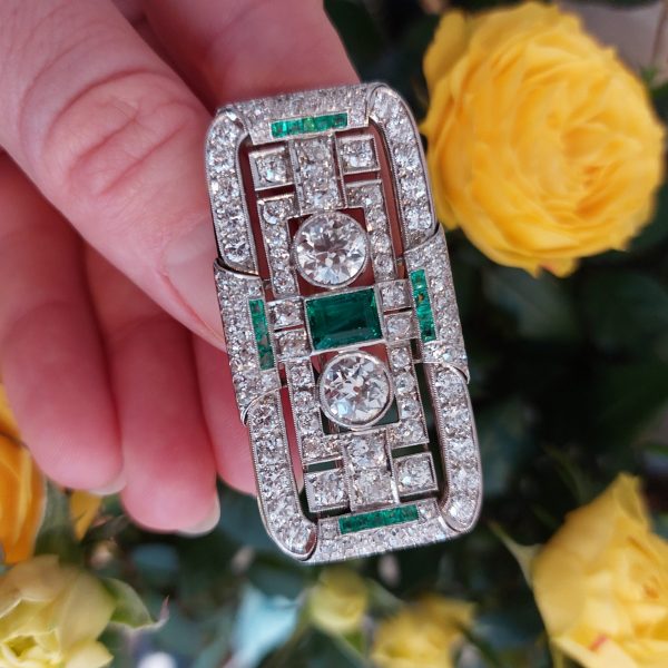 Early Art Deco Diamond and Emerald Brooch