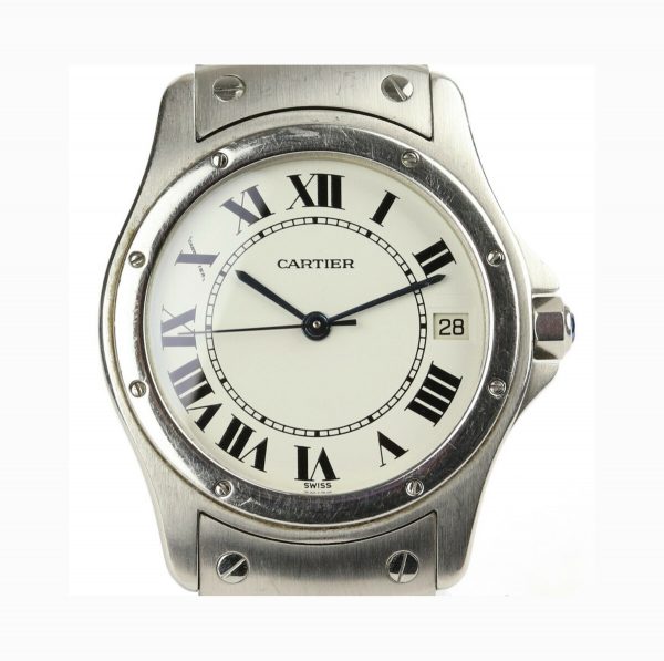 Cartier Santos Ronde Stainless Steel Bracelet Automatic Watch; round 33mm stainless steel case, white dial, Roman numerals, date aperture, sapphire crystal glass, blue gem set crown.