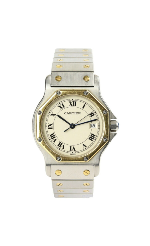 Cartier Santos Stainless Steel and Gold Bracelet Watch; 29mm steel case, white dial, Roman numerals, date aperture at 3, blue gem set crown, gold bezel.