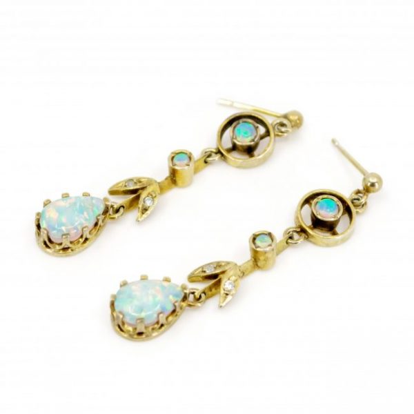 Vintage Opal, Old Cut Diamond and Gold Drop Earrings. Circa 1910-1940.