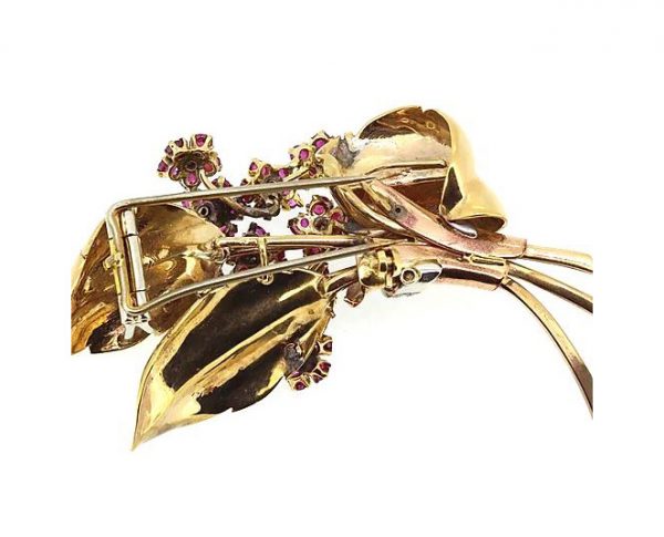 Vintage 1940's Ruby and Diamond Floral Spray Brooch in 14ct Yellow Gold