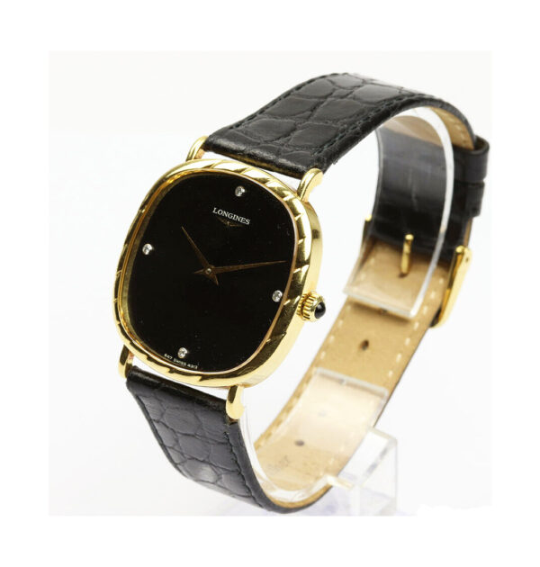 Longines Vintage 1970's 18ct Yellow Gold Manual Watch, 31mm gold case, black dial with four diamond hour markers, Longines black leather strap