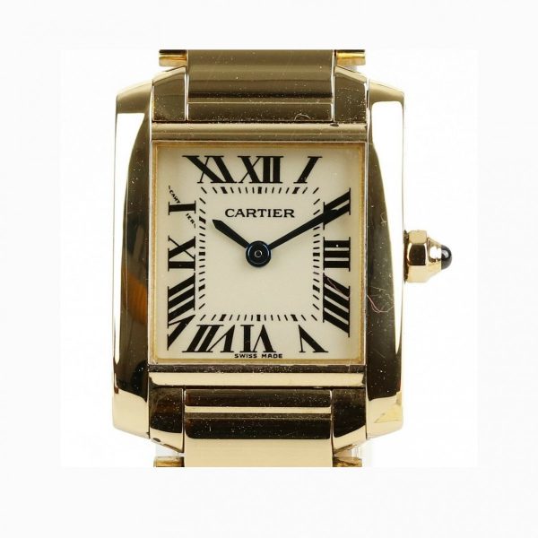 Cartier Tank Francaise 18ct Yellow Gold 20mm Ladies Watch, rectangular 20mm 18ct yellow gold case, cabochon blue gem set crown, quartz movement.
