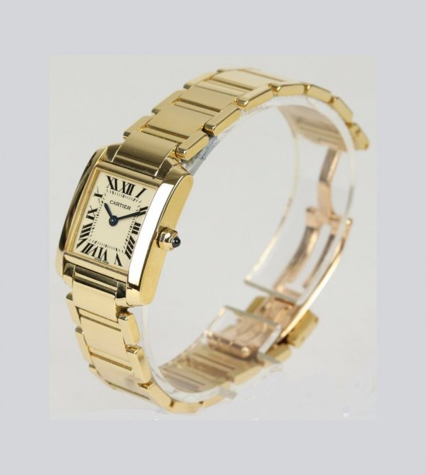 Cartier Tank Francaise 18ct Yellow Gold 20mm Ladies Watch, rectangular 20mm 18ct yellow gold case, cabochon blue gem set crown, quartz movement.