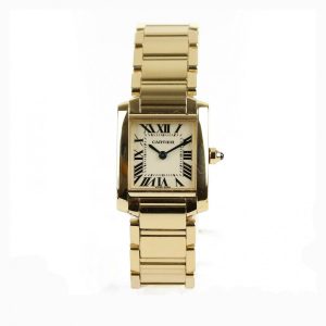 Cartier Tank Francaise 18ct Yellow Gold 20mm Ladies Watch, rectangular 20mm 18ct yellow gold case, cabochon blue gem set crown, quartz movement.