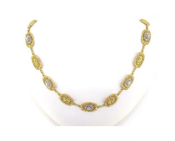 Vintage French Diamond Set 18ct Yellow Gold Necklace; linked alternating ornate gold plaques, set with either a diamond or carved gold rose decoration.