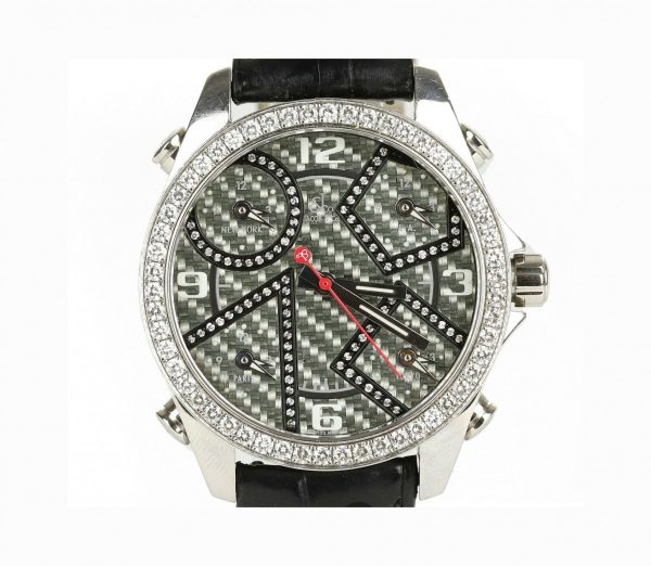 Jacobs and Co Five Time Zones Carbon Fibre Diamond Set Watch, 40mm circular dial, inter-changeable bezel, quartz movement, Jacob & Co box and paperwork