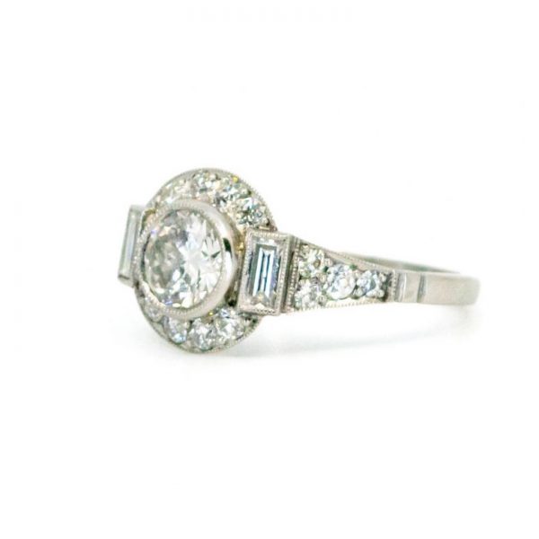 Vintage Art Deco Style Diamond and Platinum Cluster Ring, 1.39ct total, 0.74ct old European-cut diamond surrounded old mine-cut and baguette cut diamonds