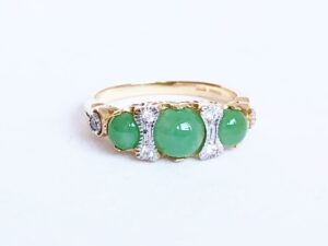 Three Stone Jade and Diamond Ring, Yellow Gold