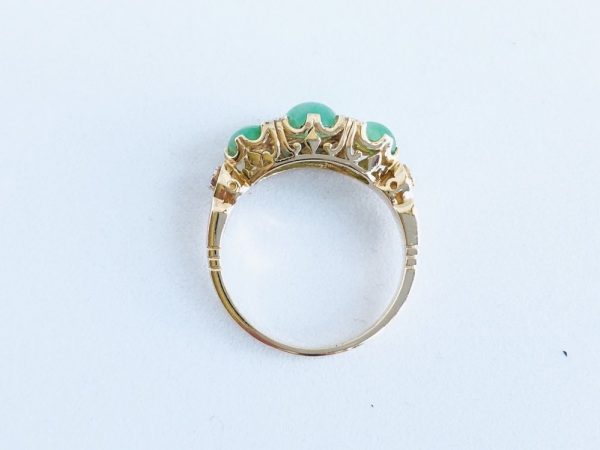 Three Stone Jade and Diamond Ring, Yellow Gold