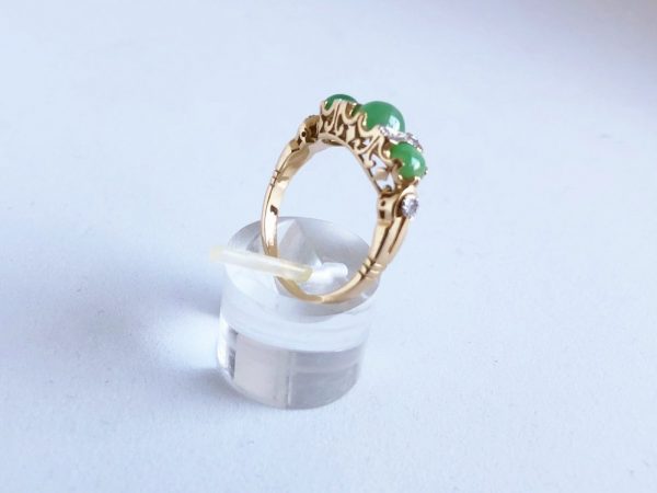 Three Stone Jade and Diamond Ring, Yellow Gold