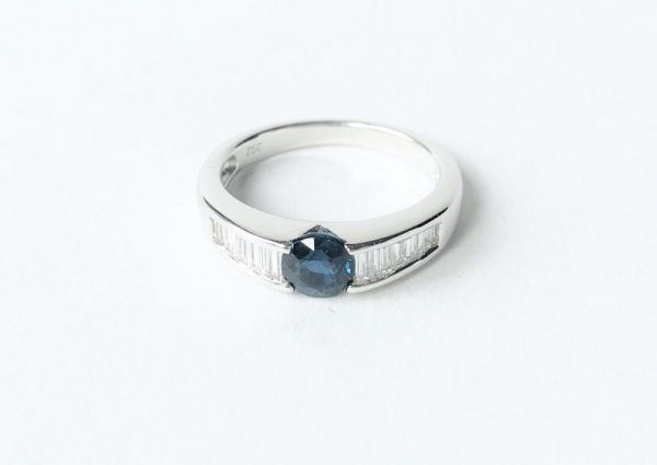 Sapphire and Baguette Cut Diamond Ring, 18ct White Gold