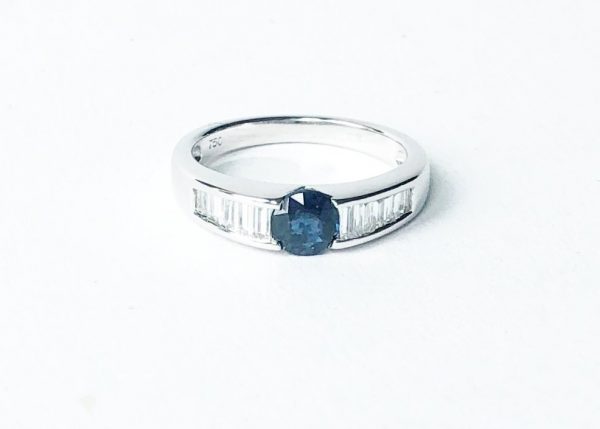 Sapphire and Baguette Cut Diamond Ring, 18ct White Gold