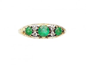 Emerald and Diamond Three Stone Ring in Yellow Gold