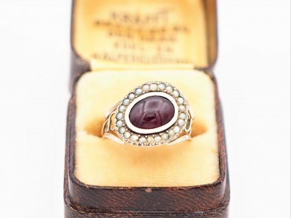 Antique Victorian Cabochon Garnet and Pearl Gold Ring, Circa 1880