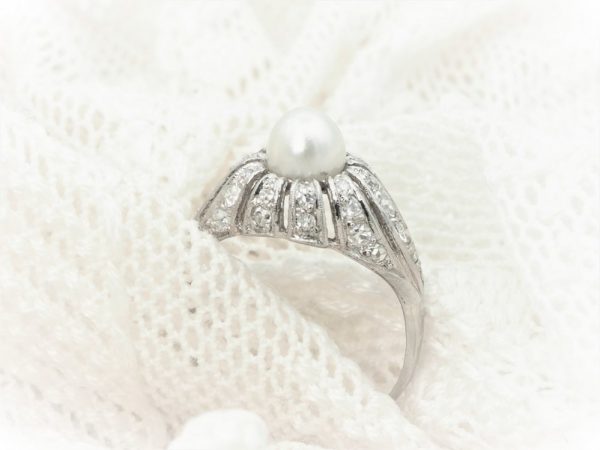 Vintage Art Deco Pearl and Diamond Cocktail Ring, Platinum