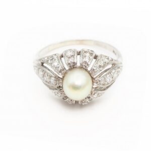 Vintage Art Deco Pearl and Diamond Cocktail Ring, Platinum