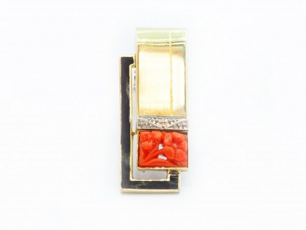 Vintage Art Deco Red Coral and Diamond Clip