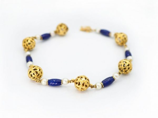 Antique Edwardian Blue Enamel and Pearl Gold Bracelet