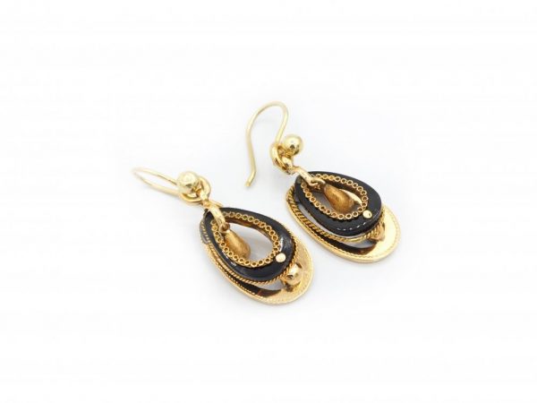 Antique Victorian Dutch Black Enamel Gold Drop Earrings